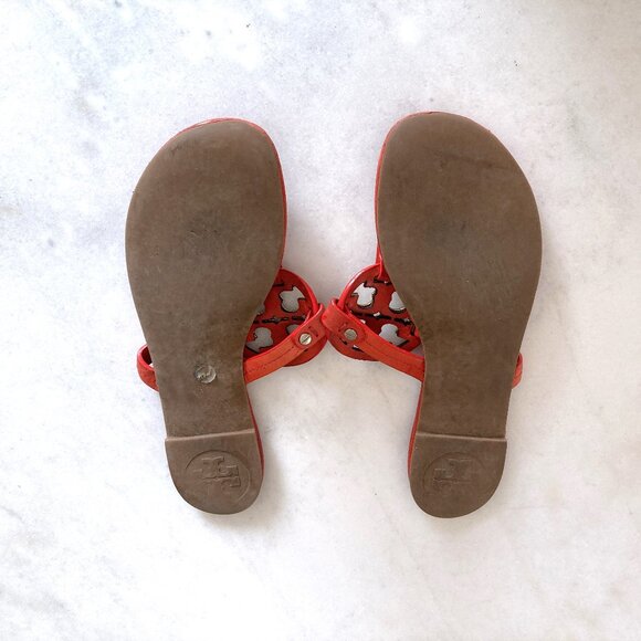 Tory Burch Metal Miller Soft Leather Sandals (orange / gold) T strap flat sandal - Picture 2 of 7